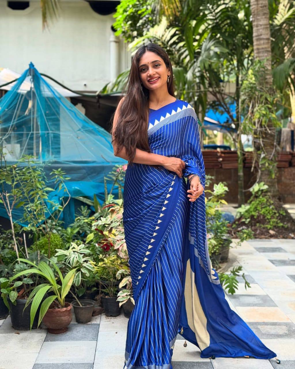 Ethnic Saree Designed with Ajrakh Pattern on Semi Gaji Silk