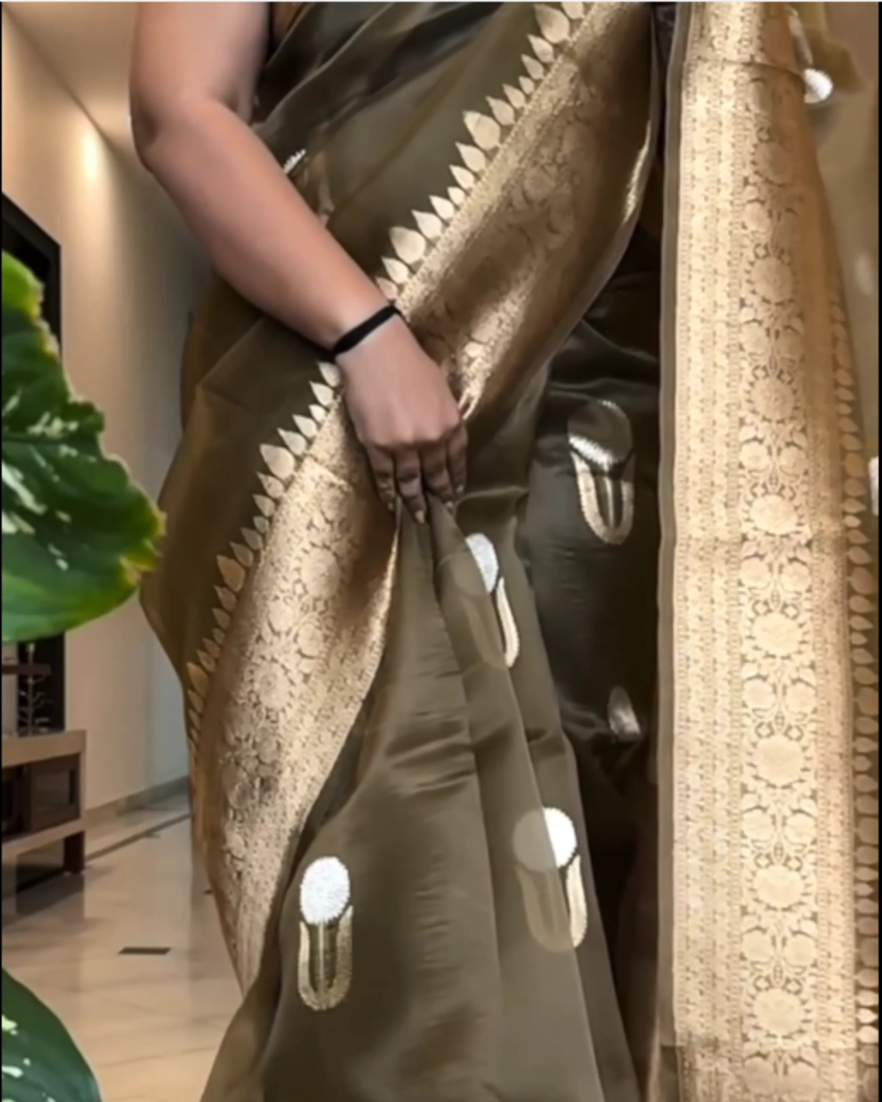 Olive Green Kora Silk Saree