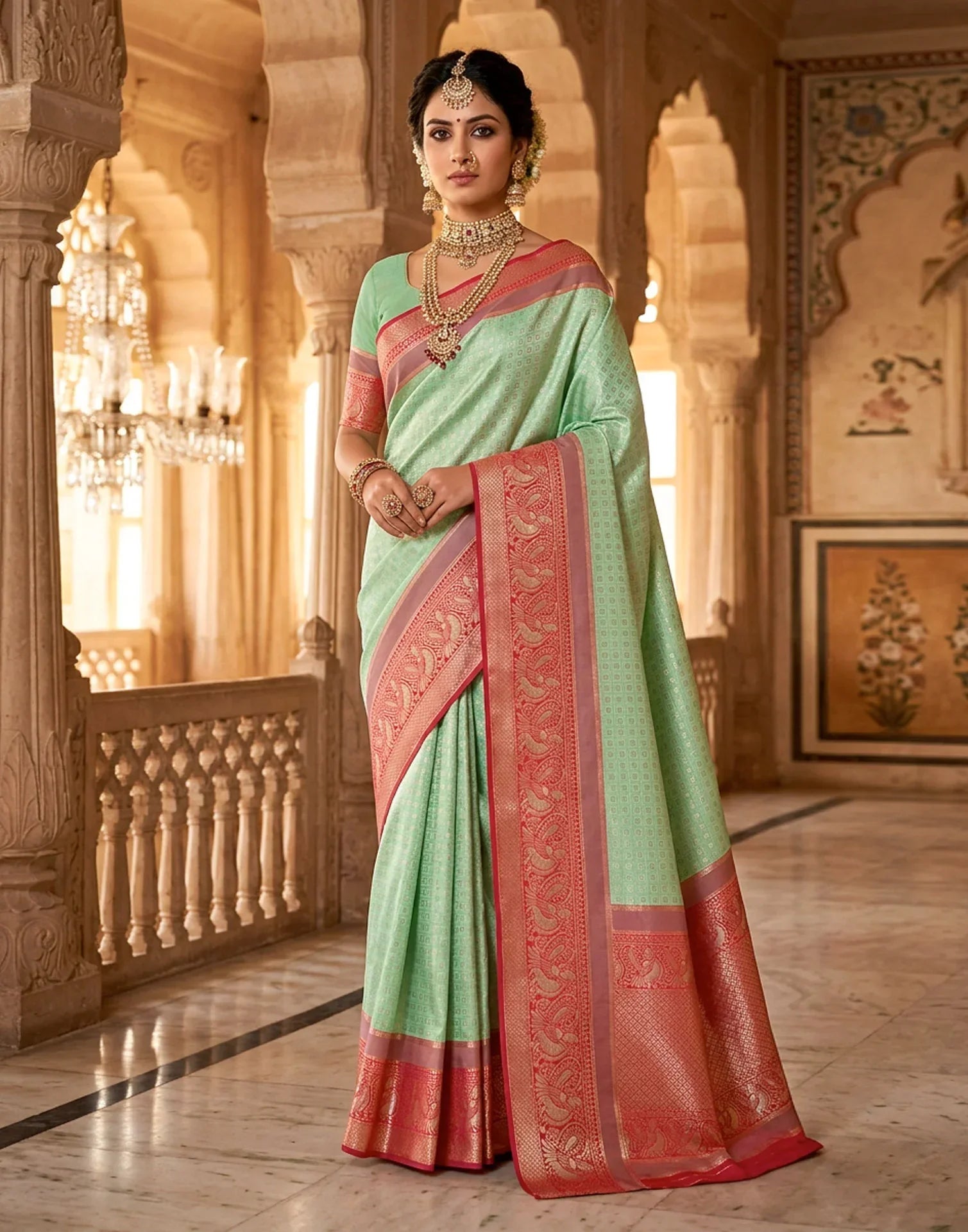 Royal Pink and Mint Green Silk Saree with Rich Zari Border