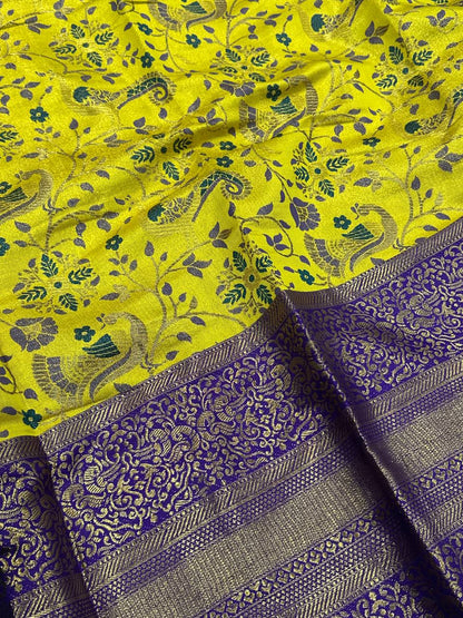 Pure Handloom Kanjivaram Silk Saree with Contrast Border &amp; Rich Zari Pallu