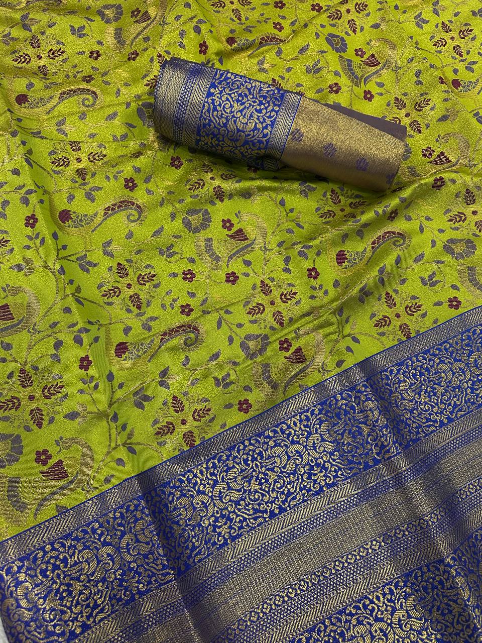 Pure Handloom Kanjivaram Silk Saree with Contrast Border &amp; Rich Zari Pallu