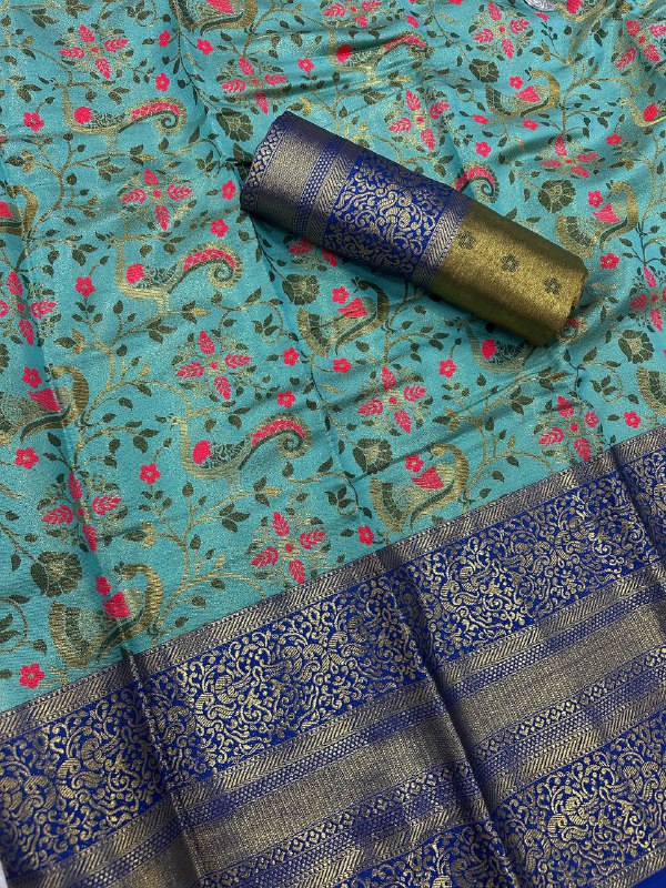 Pure Handloom Kanjivaram Silk Saree with Contrast Border &amp; Rich Zari Pallu