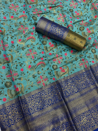 Pure Handloom Kanjivaram Silk Saree with Contrast Border &amp; Rich Zari Pallu
