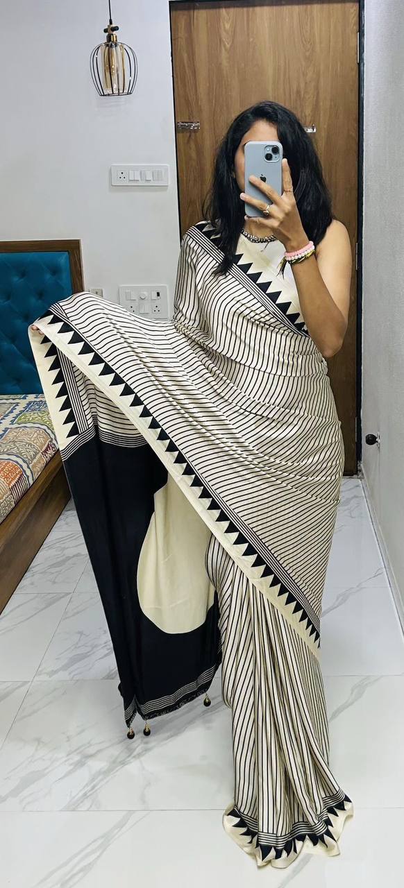 Classic Black &amp; Ivory Striped Saree with Geometric Border