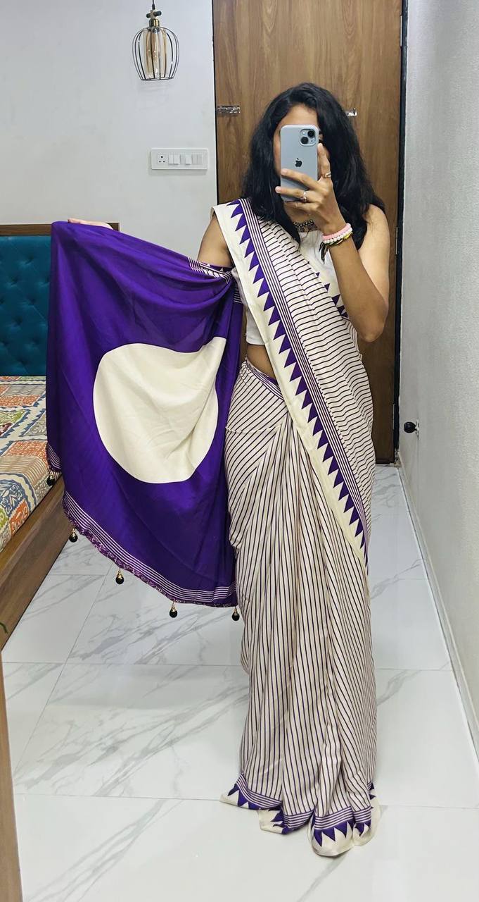 Classic Black &amp; Ivory Striped Saree with Geometric Border