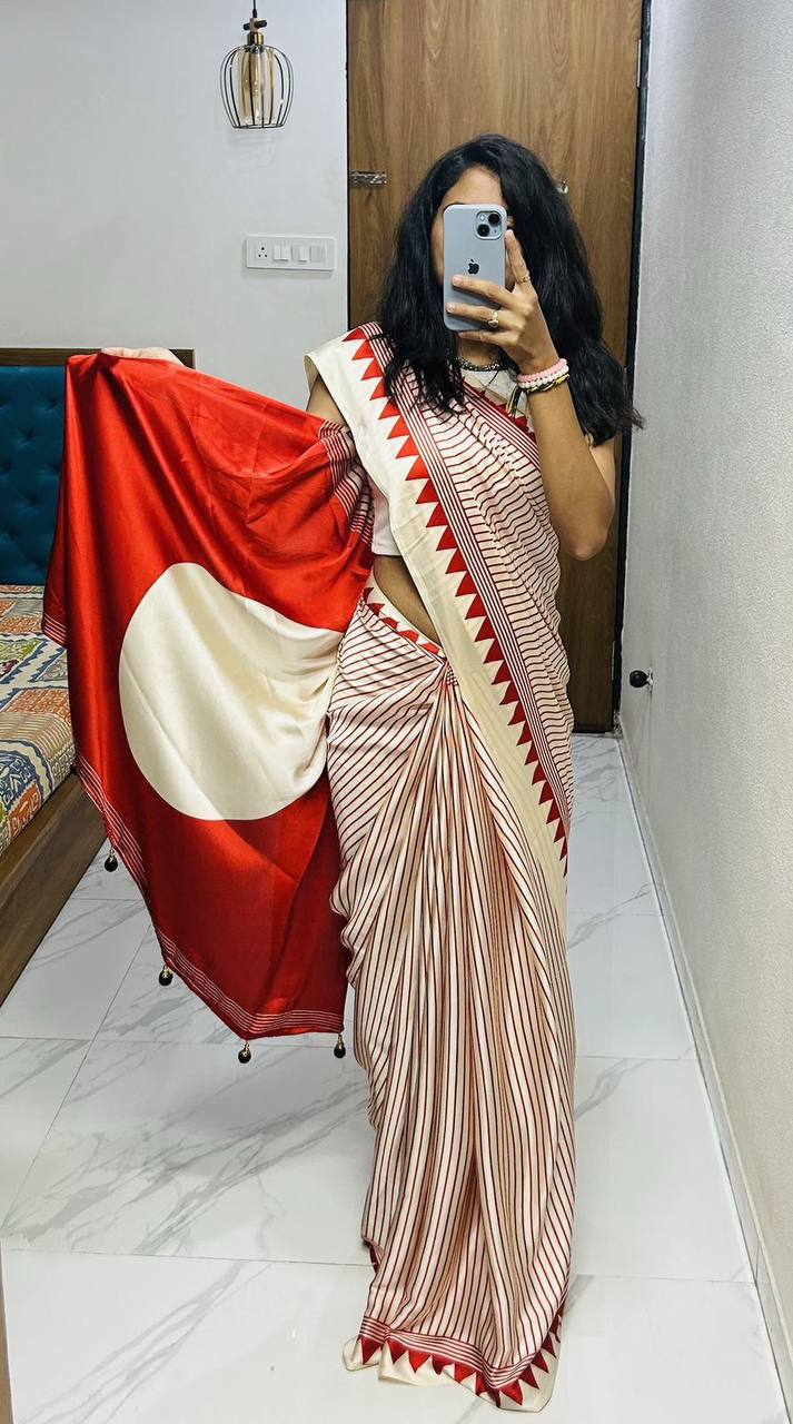 Classic Black &amp; Ivory Striped Saree with Geometric Border