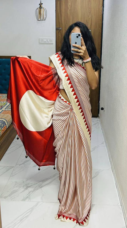 Classic Black &amp; Ivory Striped Saree with Geometric Border