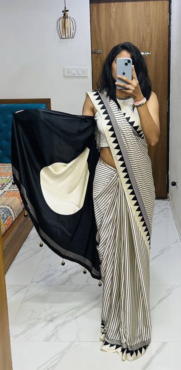 Classic Black &amp; Ivory Striped Saree with Geometric Border