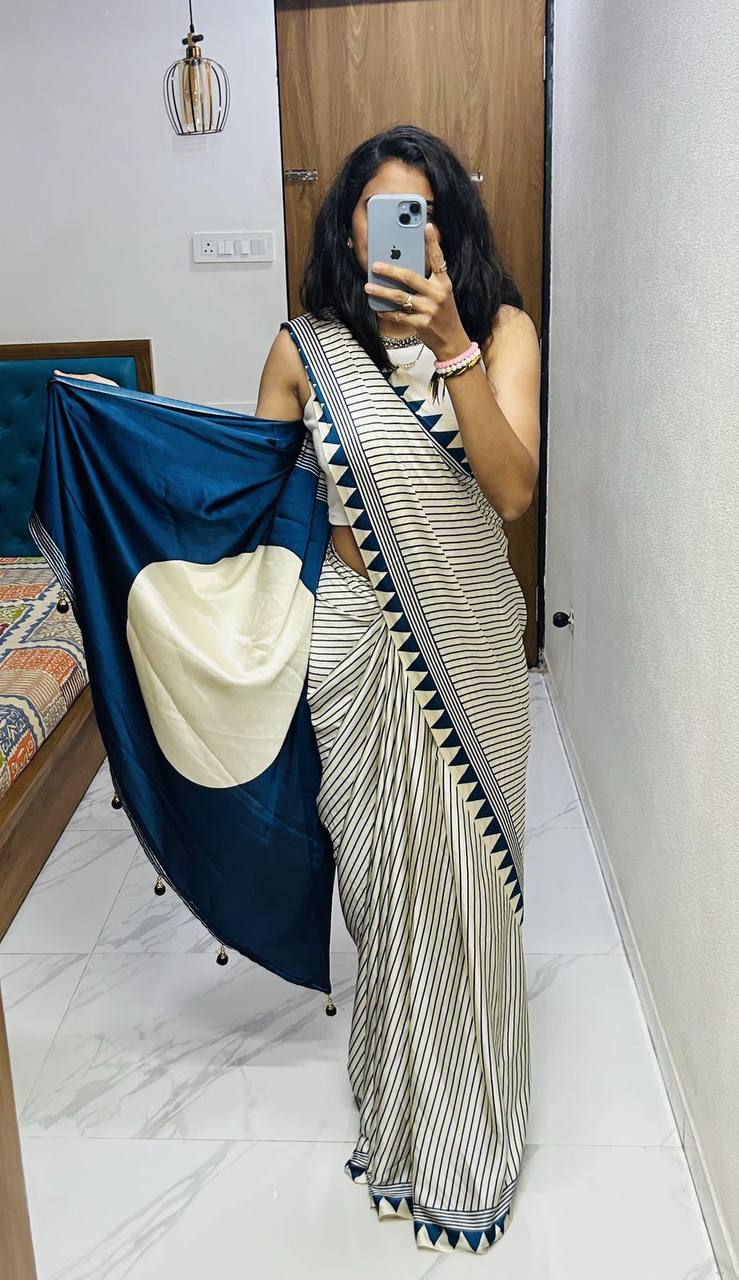Classic Black &amp; Ivory Striped Saree with Geometric Border