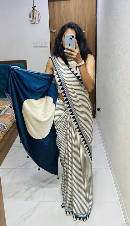Classic Black &amp; Ivory Striped Saree with Geometric Border