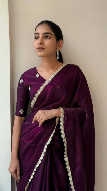 Soft Space Silk Designer Saree with Golden Sequins Work
