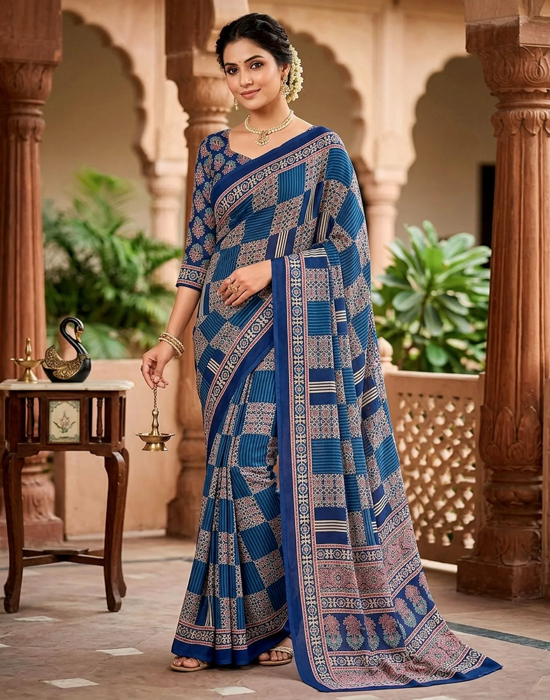 Authentic Saree Crafted in Semi Gaji Silk with Ajrakh Bandhej Art