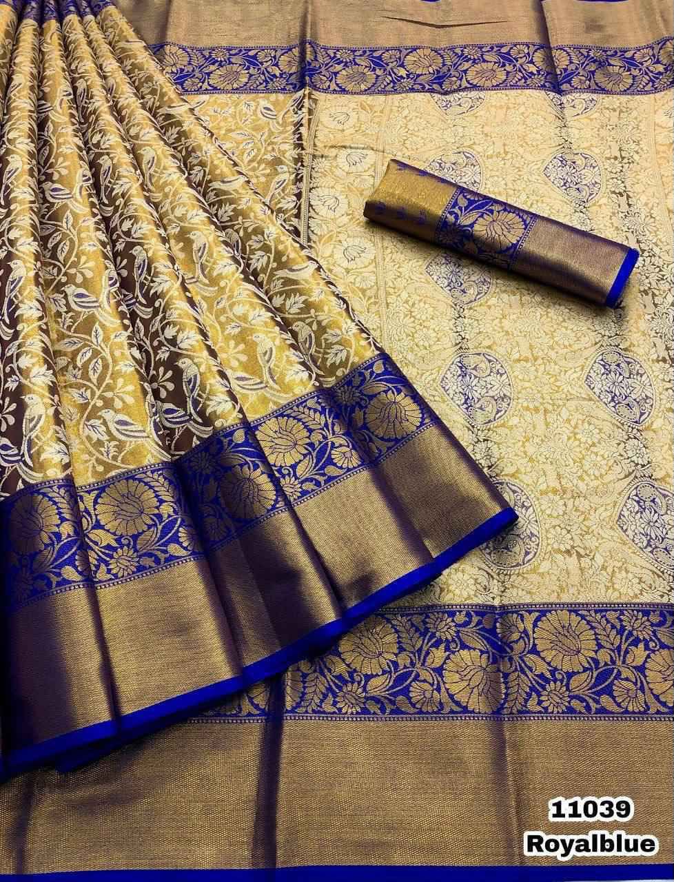 Pure Handloom Kanjivaram Silk Saree with Meena Weaving &amp; Gold Zari Pallu