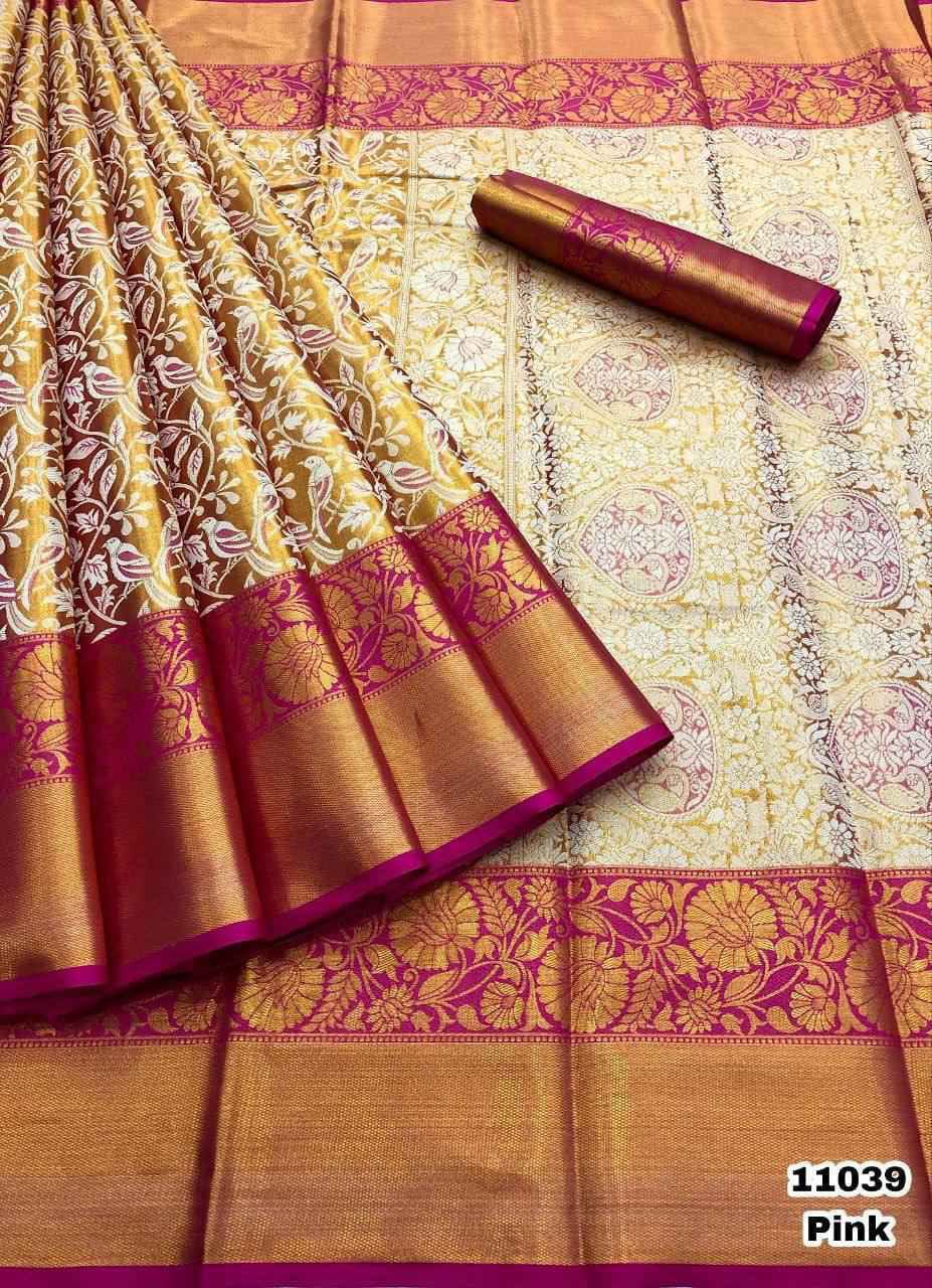 Pure Handloom Kanjivaram Silk Saree with Meena Weaving &amp; Gold Zari Pallu