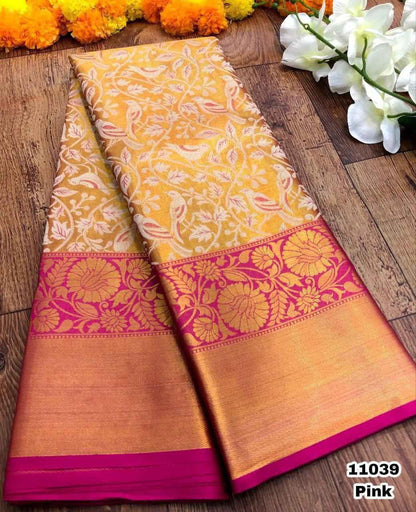 Pure Handloom Kanjivaram Silk Saree with Meena Weaving &amp; Gold Zari Pallu
