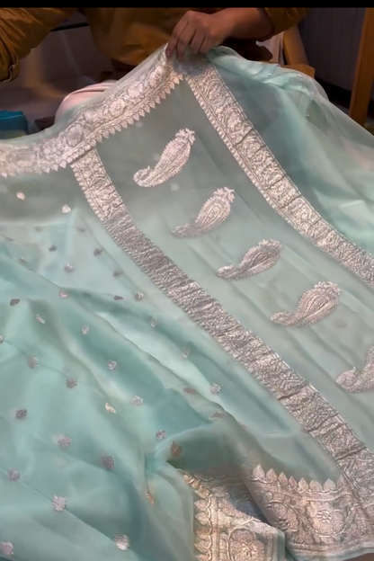 Light Sea Green Silk Zari Saree