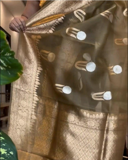 Olive Green Kora Silk Saree