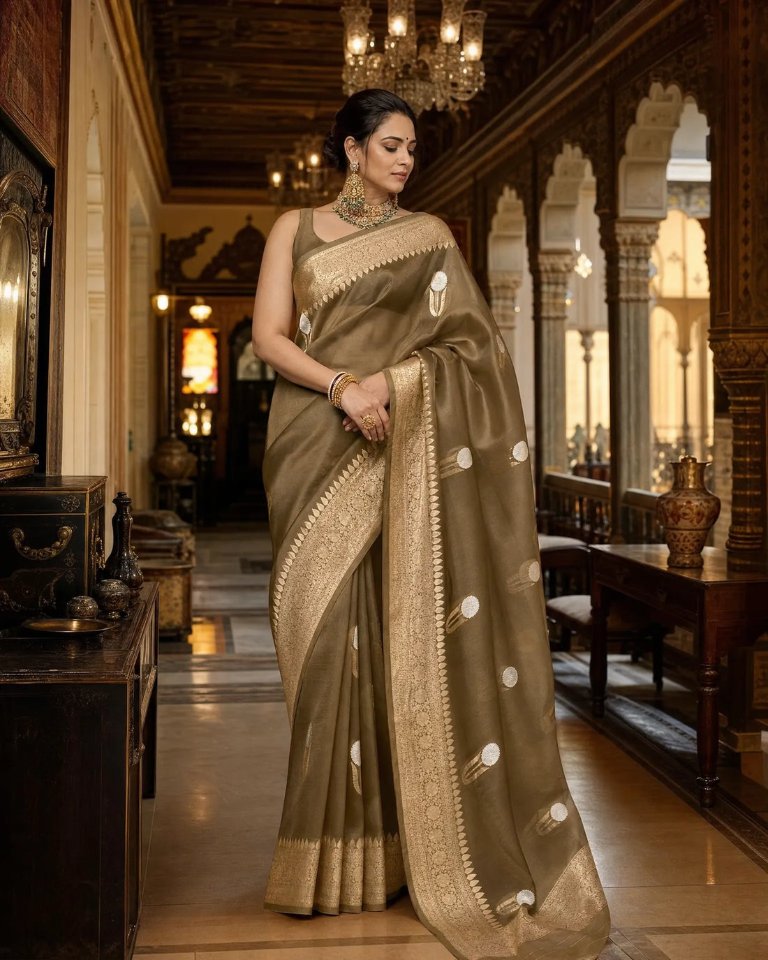 Olive Green Kora Silk Saree