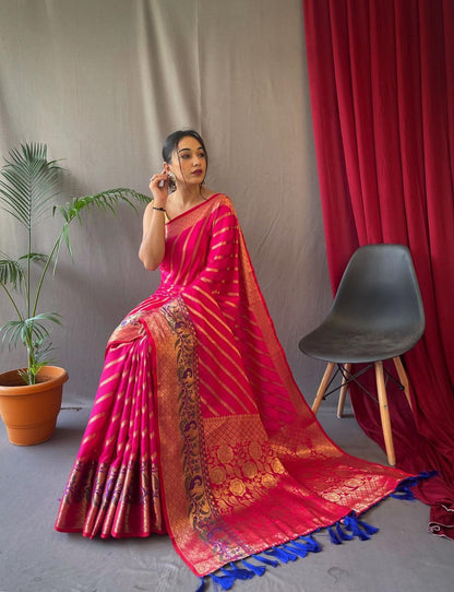 Pure Silk Saree with Gold Zari Zigzag Weave