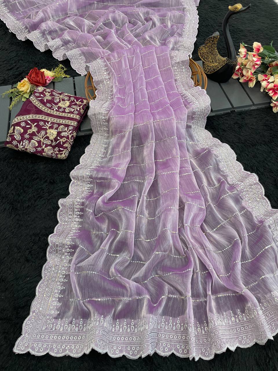 Soft Burberry Fabric Designer Saree with Sequins &amp; Zari Work