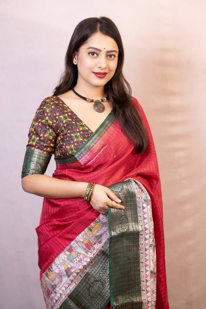 Lightweight Mangalagiri Dola Saree with Print Checks &amp; Kalamkari Pallu