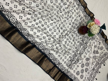 Pure Dola Silk Saree with HD Batik Print &amp; Jacquard Border