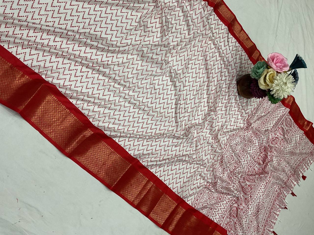 Pure Dola Silk Saree with HD Batik Print &amp; Jacquard Border