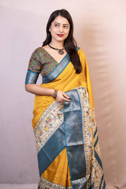 Lightweight Mangalagiri Dola Saree with Print Checks &amp; Kalamkari Pallu