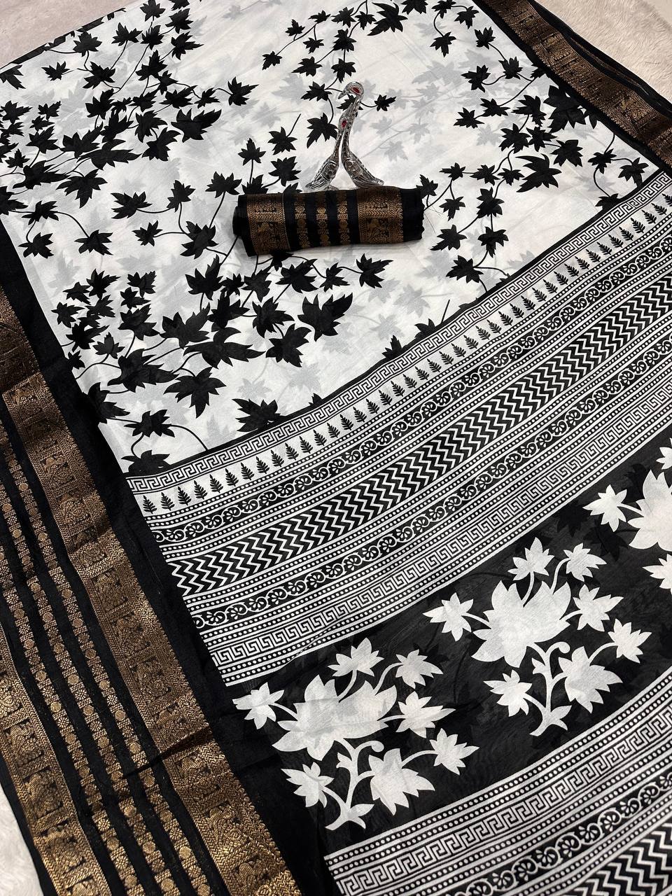 Pure Dola Silk Saree with Jacquard Border &amp; Kalamkari Print