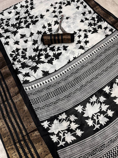 Pure Dola Silk Saree with Jacquard Border &amp; Kalamkari Print