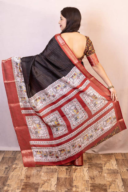 Lightweight Mangalagiri Dola Saree with Print Checks &amp; Kalamkari Pallu