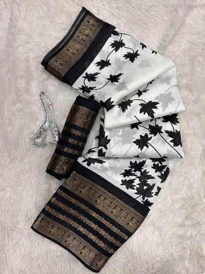 Pure Dola Silk Saree with Jacquard Border &amp; Kalamkari Print