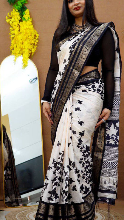 Pure Dola Silk Saree with Jacquard Border &amp; Kalamkari Print