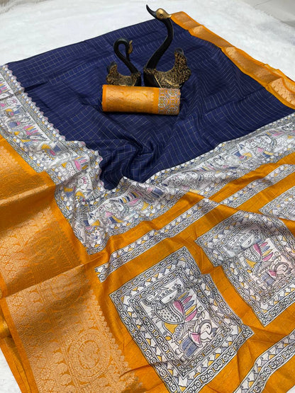 Lightweight Mangalagiri Dola Saree with Print Checks &amp; Kalamkari Pallu