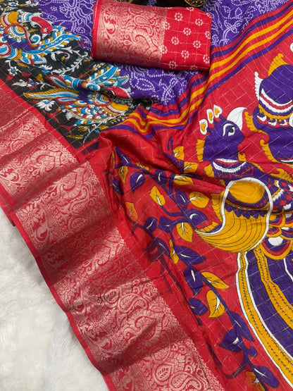 Lightweight Mangalagiri Dola Saree with Print Checks &amp; Kalamkari Pallu
